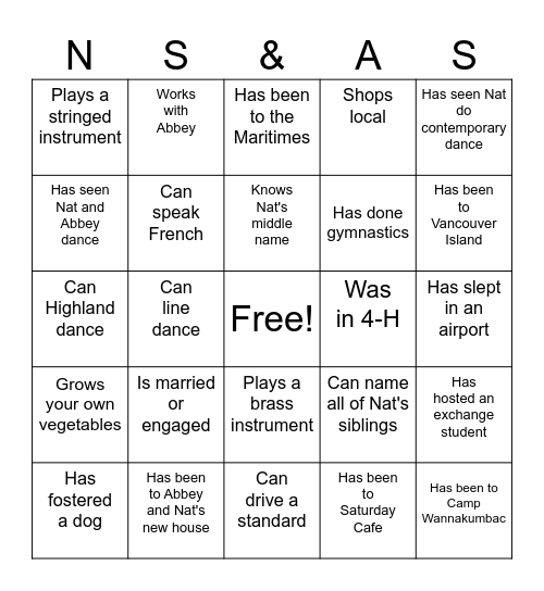 Nat & Abbey Shower Bingo Card