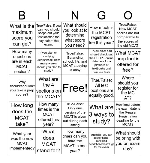 MCAT Must-Knows Bingo Card