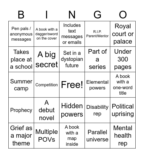 YA Fiction Bingo Card