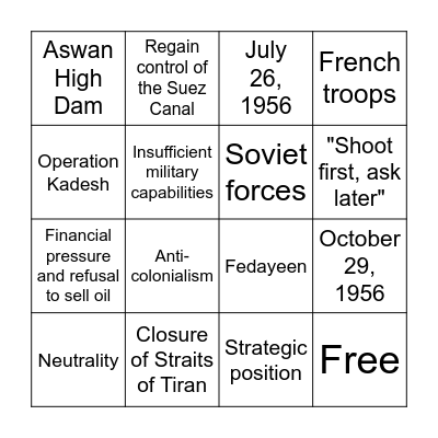 The Suez Crisis Bingo Card
