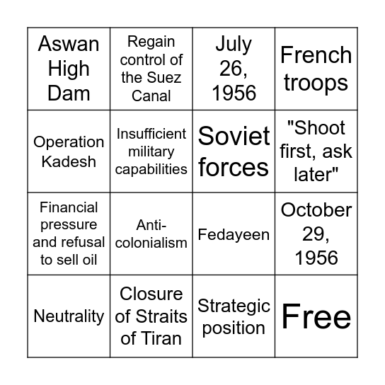 The Suez Crisis Bingo Card