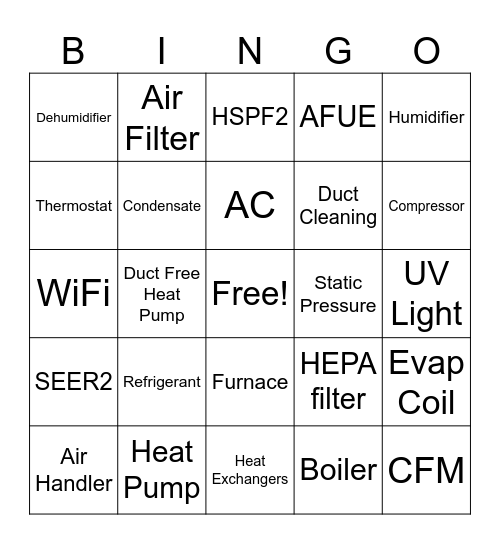 HVAC Bingo Card