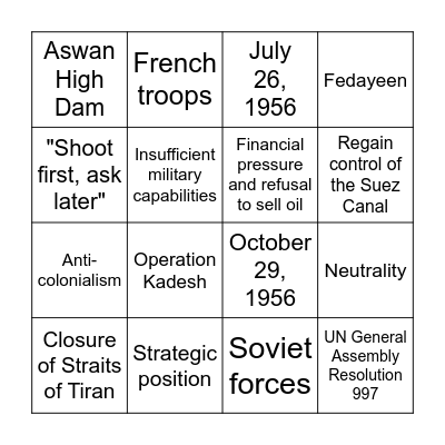 The Suez Crisis Bingo Card