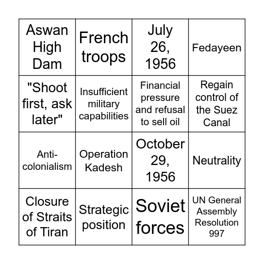 The Suez Crisis Bingo Card