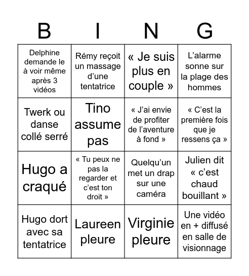 Île de la tentation Bingo Card