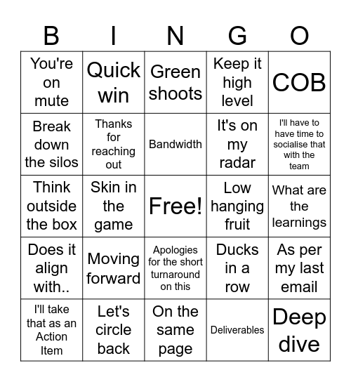 Corporate Lingo Bingo Card