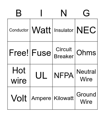 Electrical Terms Bingo Card