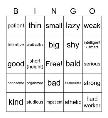 Spanish 1 Adjectives Bingo Card