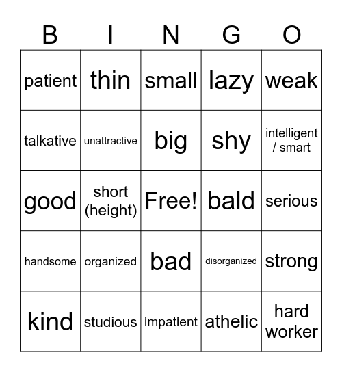 Spanish 1 Adjectives Bingo Card