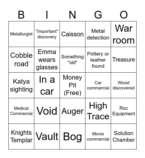 Oak Island Bingo Card
