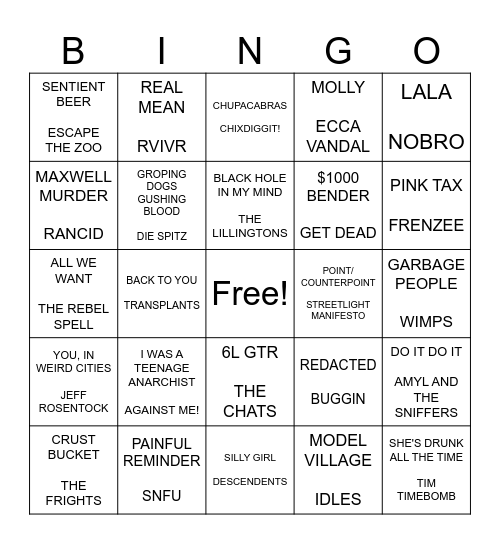 SF PUNK ROCK BINGO ROUND 2 Bingo Card