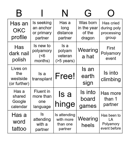 LA Polyamory Bingo Card