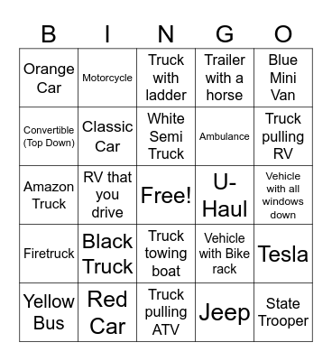 Cars, Trucks, and More Bingo Card
