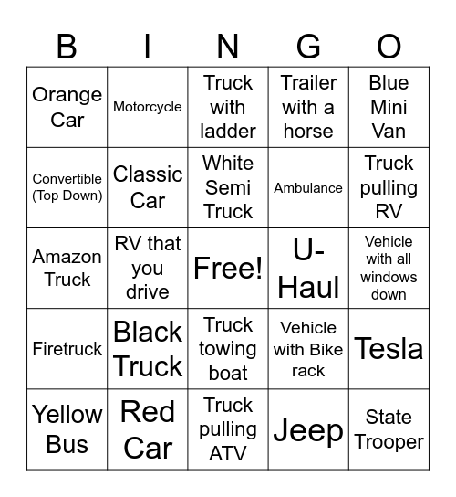 Cars, Trucks, and More Bingo Card