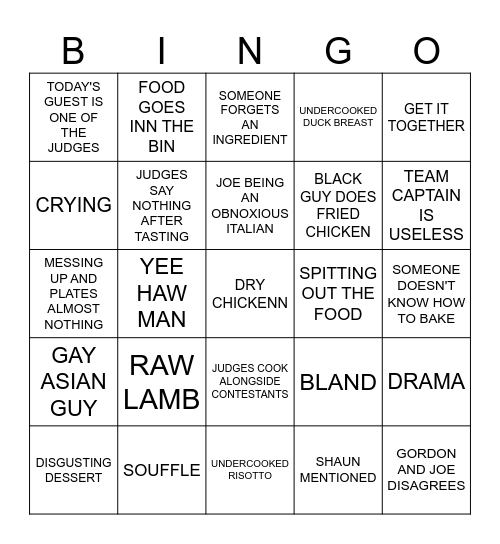 Masterchef Bingo Card