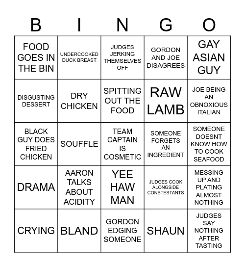 Masterchef Bingo Card