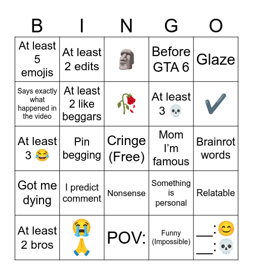 YT shorts comments Bingo Card