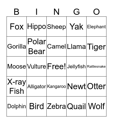 Animal A - Z Bingo Card