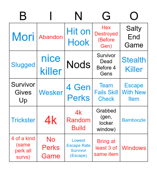 Dead by Daylight Bingo Card