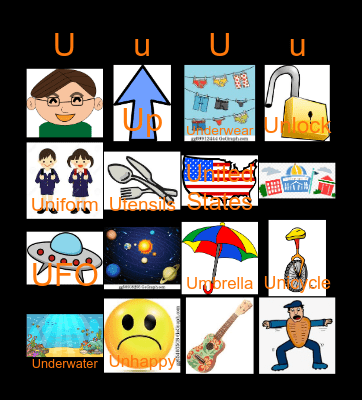 Letter U Bingo Card