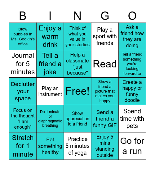 Stress Relief Bingo Card