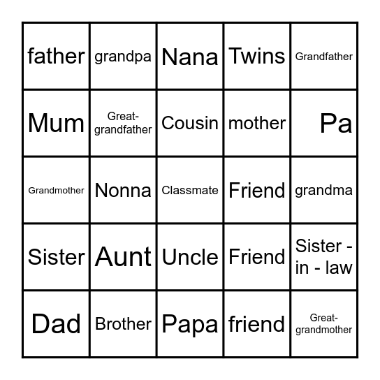Family Bingo Card