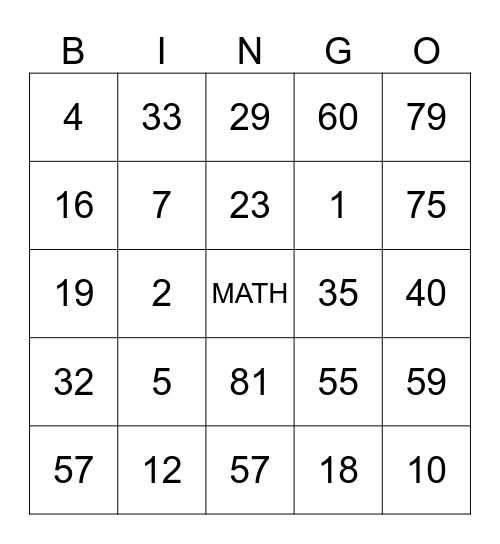 MATH BINGO Card