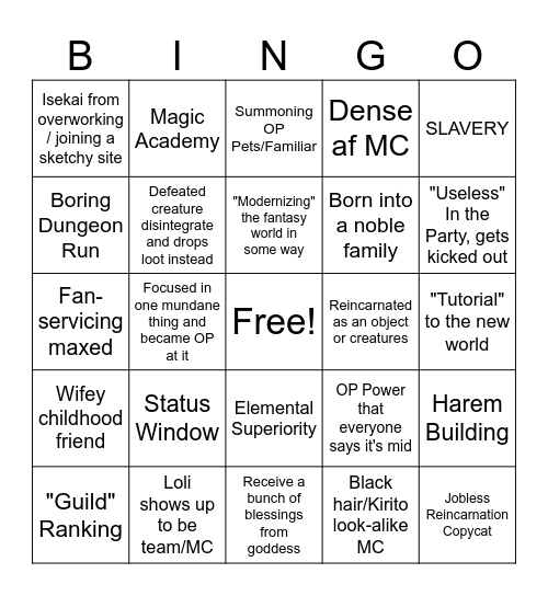 Isekai/Fantasy Bingo Card Bingo Card