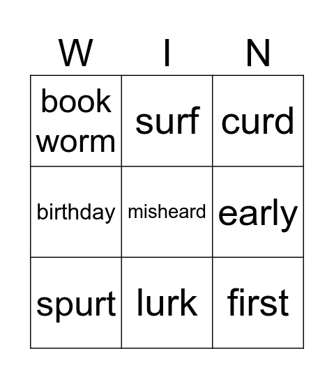 IR, ER, EAR, UR, OR Bingo Card
