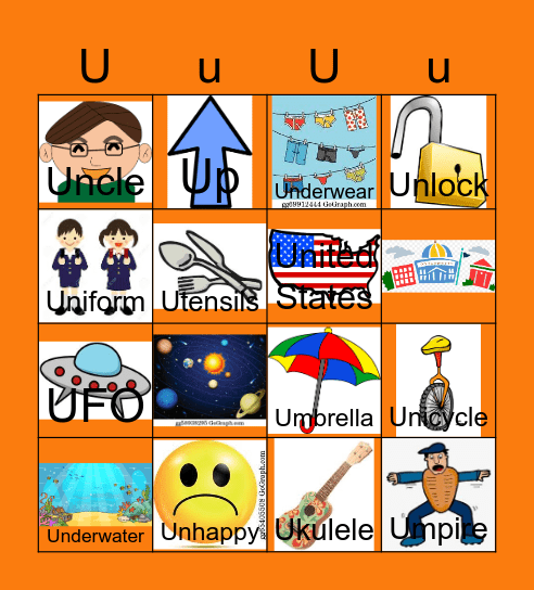 Letter U Bingo Card