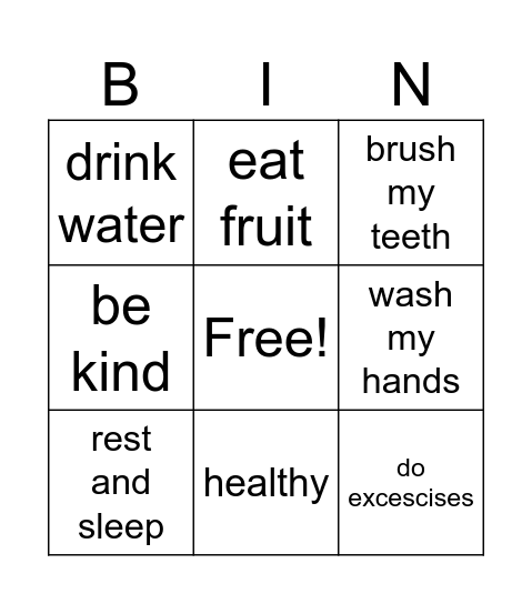 healthy habits Bingo Card