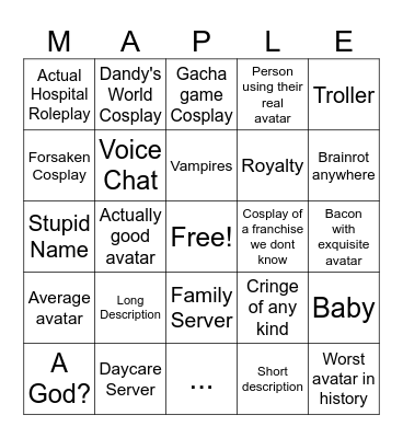 Maple Hospital Bingo Card