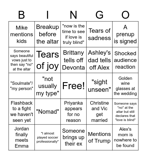 Love is Blind Ohio Wedding Bingo Card