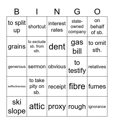 Vocabulary revision Bingo Card