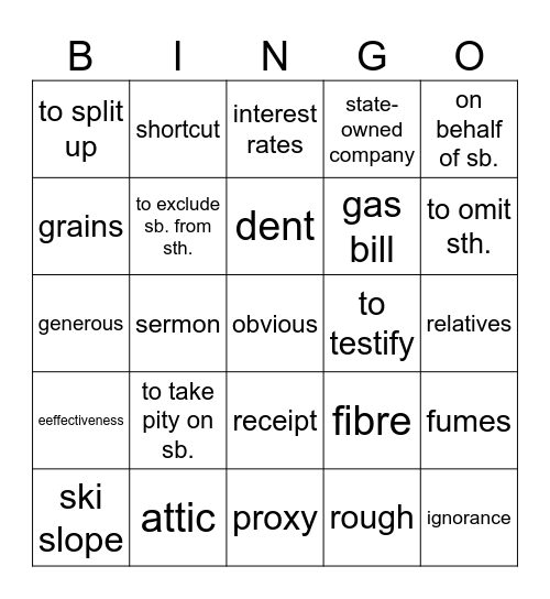 Vocabulary revision Bingo Card