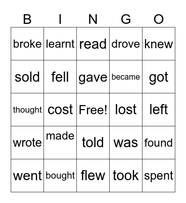 Irregular verbs Bingo Card