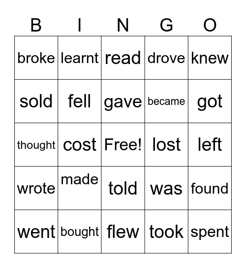 Irregular verbs Bingo Card