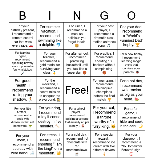 B20 L1 I recommend Bingo Card