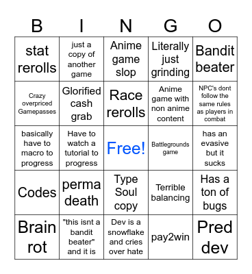 Roblox game bingo! Bingo Card