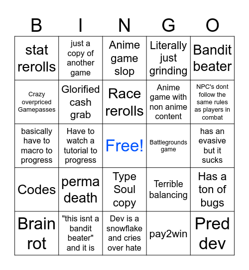 Roblox game bingo! Bingo Card