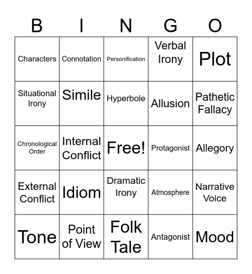 Literary Bingo Card