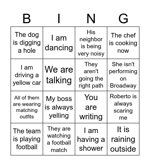 PRENSENT CONTINUOUS Bingo Card