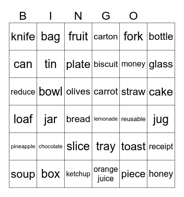 unit 5 - food etc... Bingo Card
