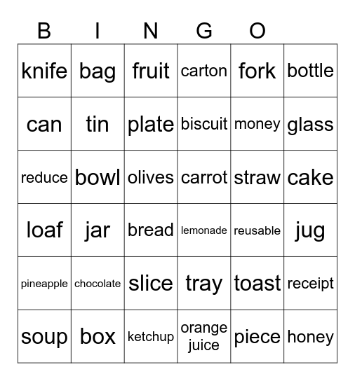 unit 5 - food etc... Bingo Card