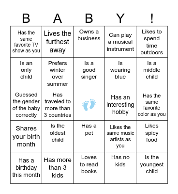 Baby Shower Bingo: Find the Guest Bingo Card