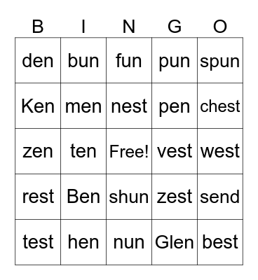 Word Families Bingo Card