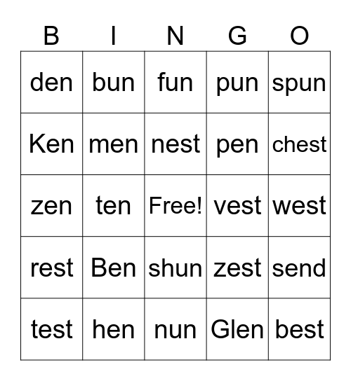 Word Families Bingo Card