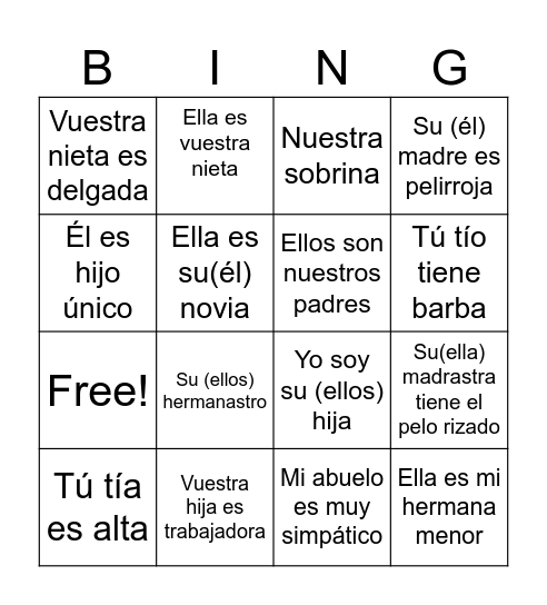 Familia y Adj Posesivos Bingo Card