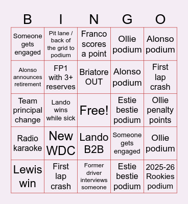 F1 2026 Season Bingo Card