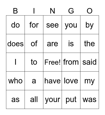 Heart Word Bingo Card